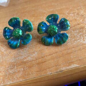 VINTAGE BLUE GREEN CLIP EARRINGS VERY GOOD CONDITION